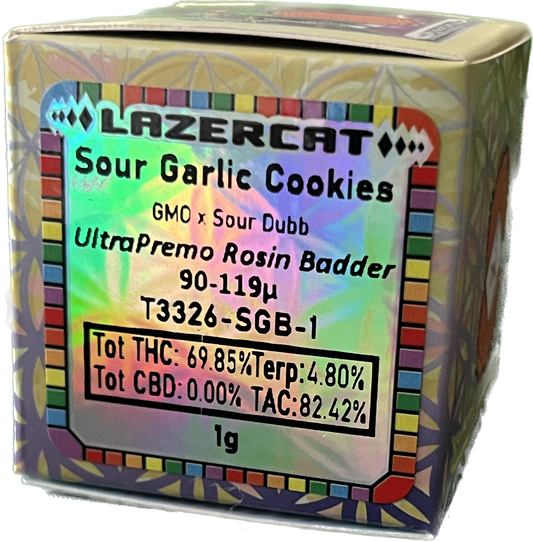 Lazercat™️ (Sour Garlic Cookies) 1g Live Rosin Jar 90-119u